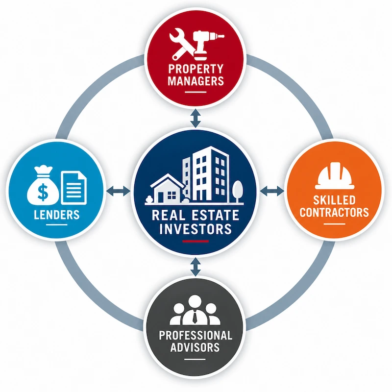 Diagram of real estate investors at the center, connected to property managers, lenders, skilled contractors and professional advisors